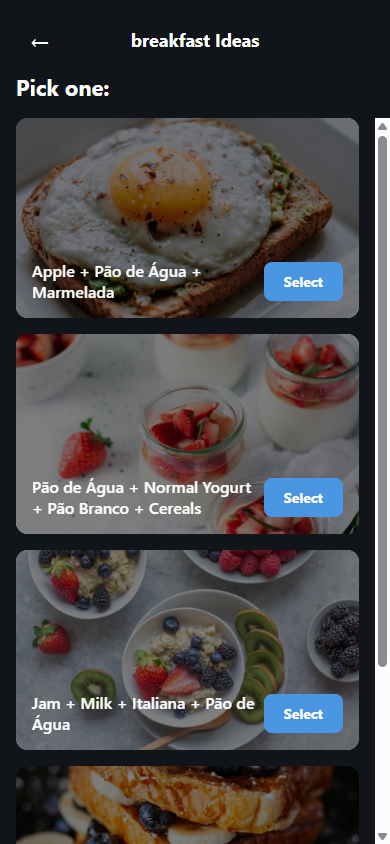 SaborSpin meal suggestions screen